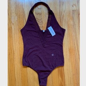 NWT MAROON/WINE HALTER TOP BODYSUIT W/ LACE DEEP V